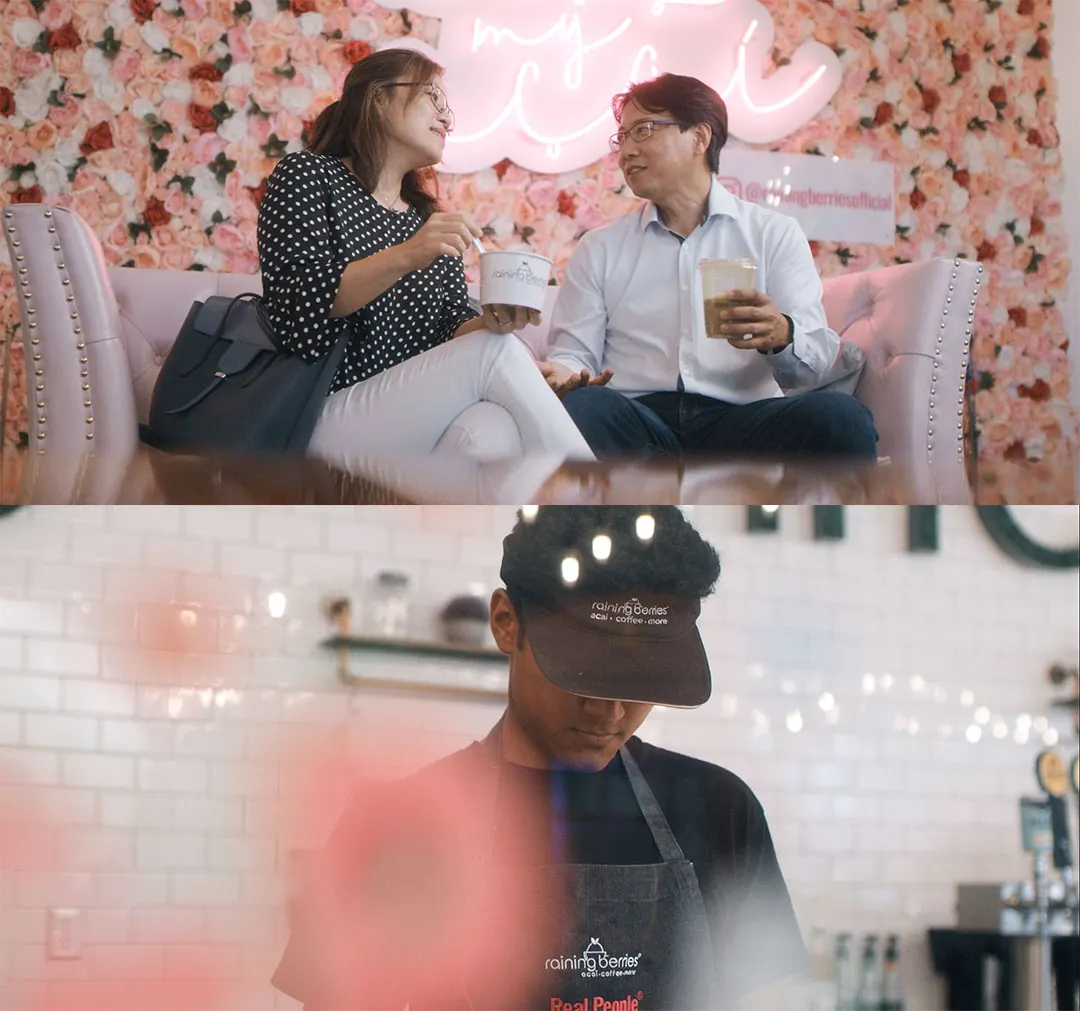 Business meeting at Raining Berries while barista makes smoothies